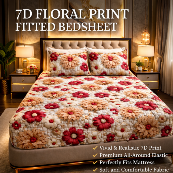 YKNIP 7D Digital Elastic Fitted Bedsheet Double King Size (78x72x8 Inch) | 2 Pillow Covers (18x28 Inch) | Premium Soft | All Around Elastic