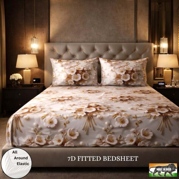 YKNIP 7D Digital Printed Elastic Fitted Bedsheet Double King Size (78x72x8 Inch) with 2 Pillow Covers (18x28 Inch) | Soft Premium Fabric | All Side Elastic | Luxury HD Bed Sheet