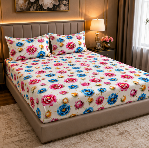 YKNIP 7D Designer Elastic Fitted Bedsheet Double King Size (78x72x8 Inch) with 2 Pillow Covers (18x28 Inch) | Premium Soft Fabric | Anti-Slip 360? Elastic Fit | HD Digital Print